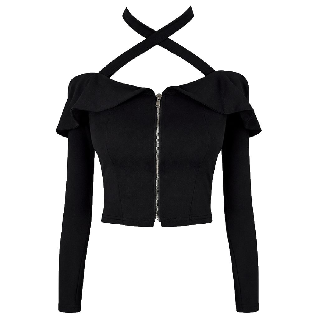Midnight Rhapsody Halter Cardigan - Black Cropped Zip Knit